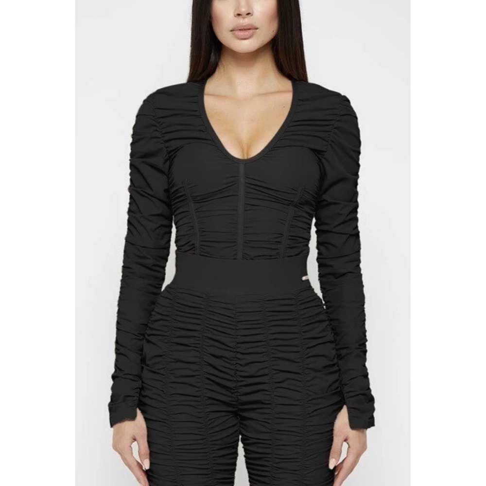 Maniere De Voir Black Ruched Long Sleeve V-Neck Corset Bodysuit US 4 NEW